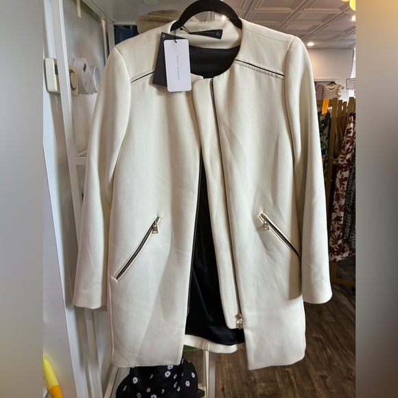 Zara white zip up jacket with black and gold detail size S NWT